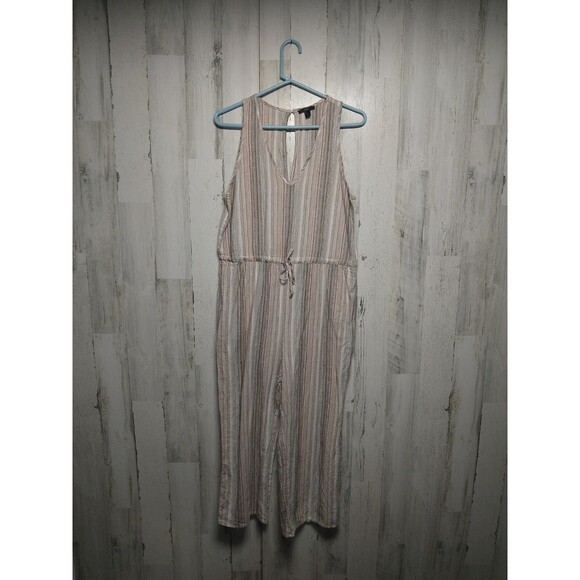 Anthropologie DREW Striped Linen Blend Jumpsuit Beige Black Size Medium - Picture 1 of 9
